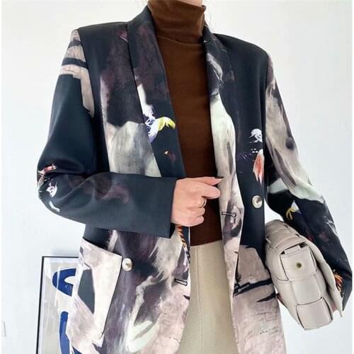 Vintage Tie-dye Print Double Breasted Long Sleeve Female Blazers Coat Spring Casual Big Pocket Lapel Striped Women Suit Jacket