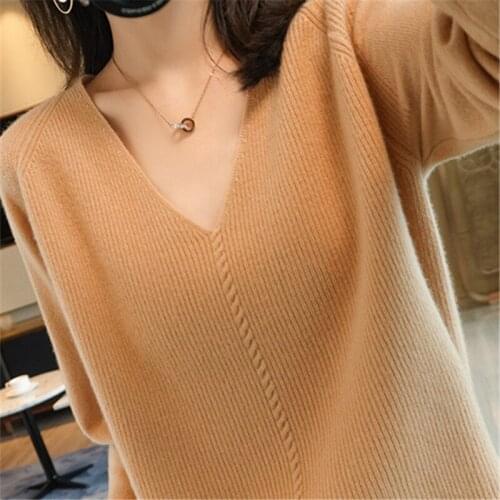 Womens Elegant Knitting Pullover Sweaters Solid V-Neck Long Sleeves Women Loose Knitted Sweater Autumn Spring 2021