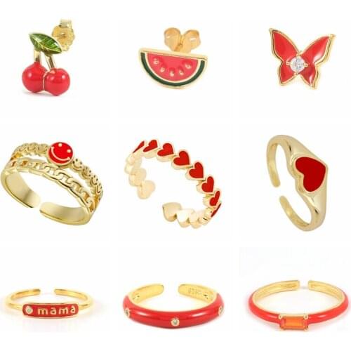 AIDE Wholesale S925 Silver Red Enamel Rings Jewelry For Women 2021 Trend Summer Bague Femme Fine Jewelry Vintage Paired Ring CZ