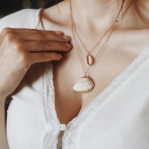 2 Pcs/Set Fashion Shell Scallop Necklaces Set Women Chain Gold Pendant Long Necklace Exquisite Lady Beach Jewelry Gift