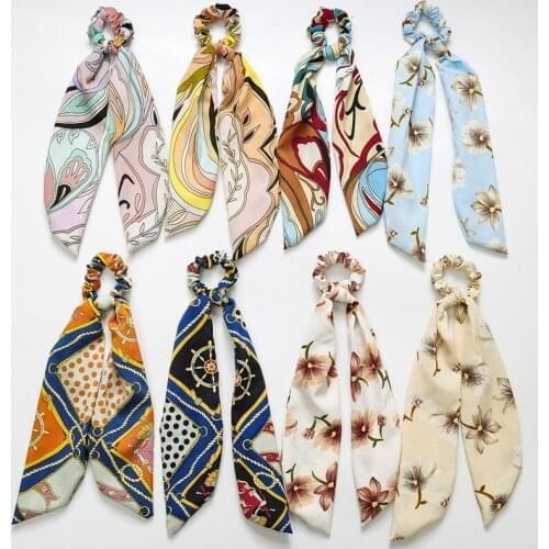 2019 Fashion vintage floral print Bow Streamers Hair Ring Ribbon elastic Hair Bands Scrunchies Horsetail Tie Hair Accessories