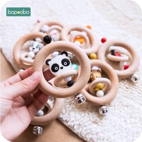 Bopoobo Baby Rattle Beech Wood Teething Rings Food Grade Teether Wooden Mini Animal Cotton Baby Bib Drool Nursing Set Baby Goods