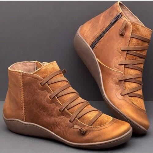 PU Leather Ankle Boots Women Autumn Winter Cross Strappy Vintage Retro Lace-up Boots Side Zipper Round Toe Shoe Boots