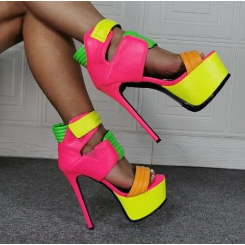 Dipsloot Sexy Woman Lemon Yellow Green Pink Patchwork Hook & Look Platform Sandals Super Thin Heels Peep Toe Sandals Club Shoes
