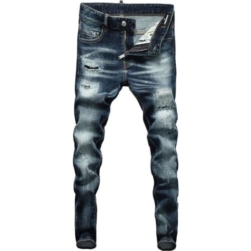 European Vintage Fashion Men Jeans High Quality Retro Blue Slim Fit Destroyed Ripped Jeans Men Plain Washed Designer Denim Pants
