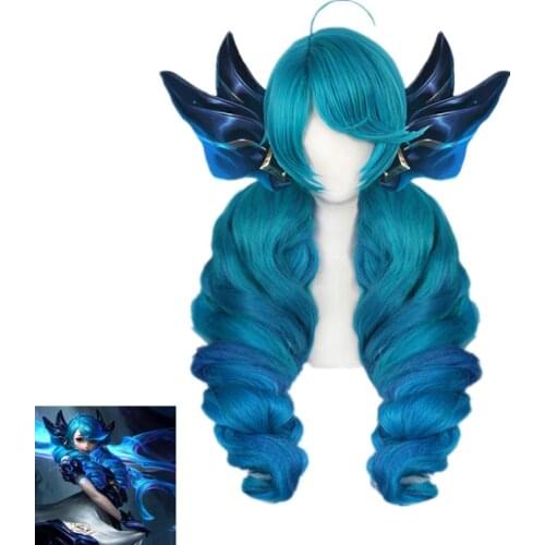 Game League of Legends new hero Gwen Cosplay wig party decoration extra-long blue big wavy hair