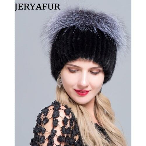 JERYAFUR Internal Knitting Beanies Warm New Fashion Winter Hats For Women Real Mink Fur Hat Female Patchwork Fox Fur Mix Color