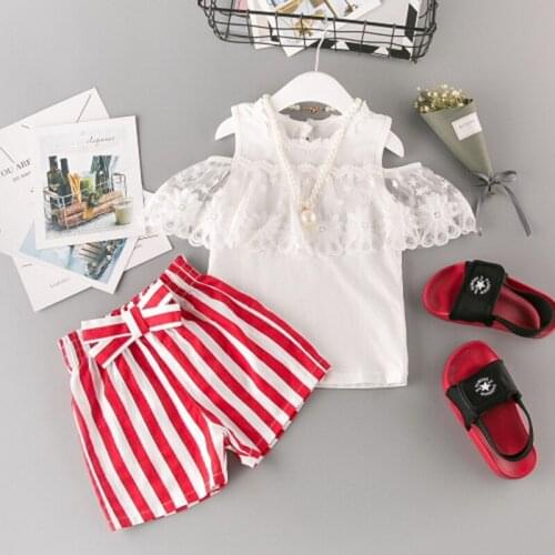 Girls Clothes Set New Lovely Baby Girls Summer Clothing Set White Lace Shirt and Red Striped Shorts Children Sundress