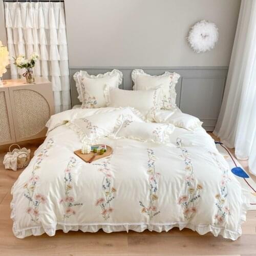 Luxury White Floral Embroidery 100S Egyptian Cotton Bedding Set Queen King Ruffle Duvet Cover Bed Linen Pillowcases Home Textile