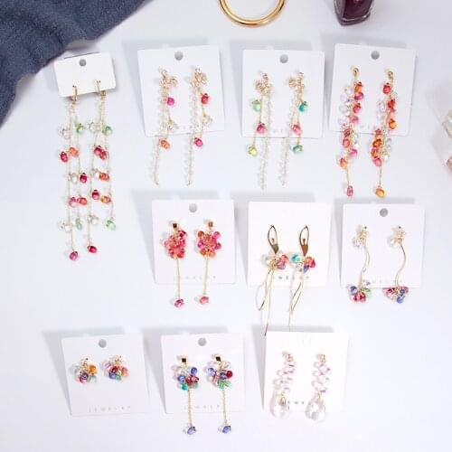 Korean Elegant Shiny Colorful Acrylic Flower Water Drop Earrings Long Pearl Chain Dangle Earrings Women Girl Jewelry EC1946