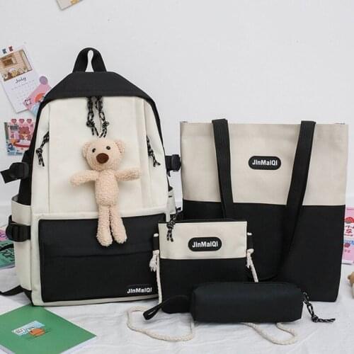 Korean Canvas Backpacks for Women 2021 Fashion 4 Piece Set School Bags for Teenage Girls Cute Student Multi Pocket Mochilas 50