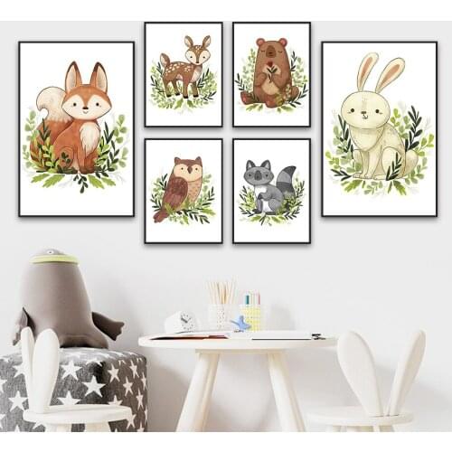Fox Rabbit Deer Bear Owl Raccoon Leaf Cartoons Nordic Posters And Prints Wall Art Canvas Painting Wall Pictures Child Room Decor