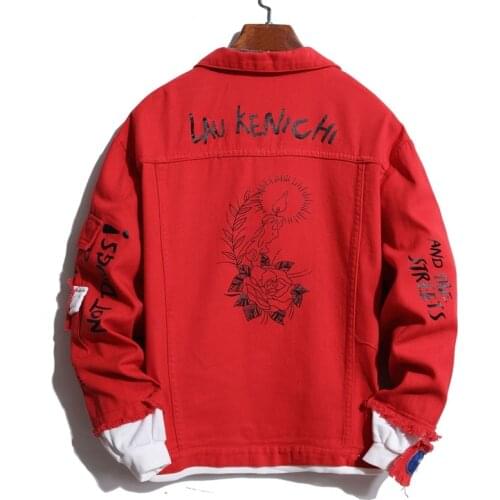 Street Hipster Hip Hop Letter Flower Printed Red Jean Coats For Men Personality Fake Two-pieces Veste Cowboy Homme Denim Jackets