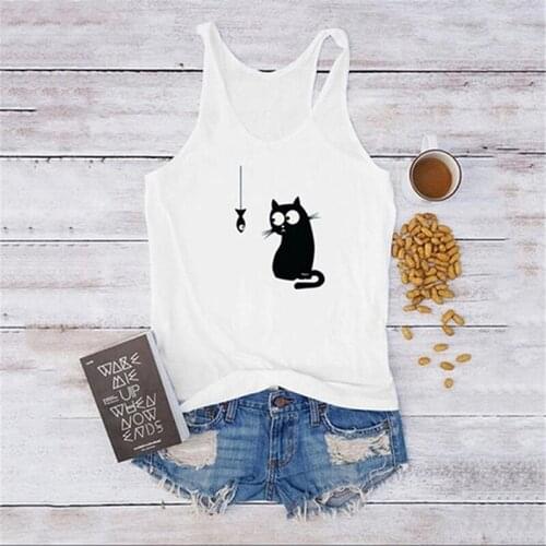 Womens White Tank Tops Ladies Cute Cat Print Casual Vest Sleeveless Tops Tee Female White O-Neck T-shirts Camisole Camis