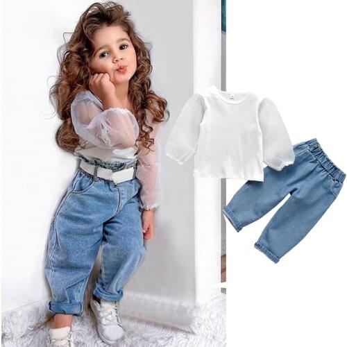 1-6Y Fashion Toddler Baby Girls Clothes Sets Mesh Puff Long Sleeve Pullover Tops Denim Blue Pants 2pcs Outfit