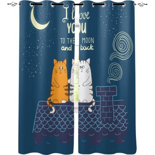 Cartoon Two Cats On The Roof Night Window Curtains LivingRoom Kitchen Curtains Left and Right Biparting Open