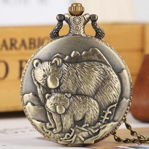 Retro Bronze Polar Bear Figure Necklace Quartz Pocket Watch Bear Baby Pattern Chain Pendant Gifts for Men Women Jewelry reloj