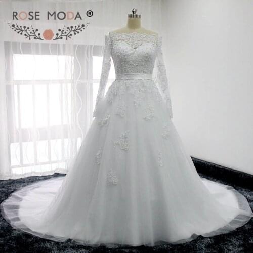 Rose Moda Boat Neck Long Sleeves Lace Wedding Dress with Removable Bow Illusion Back Plus Size Wedding Dresses