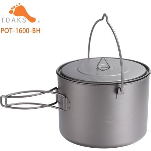 TOAKS Titanium Pot Ultralight Outdoor Camping Hiking Backpacking Hanging Tableware With Bail Handle 1600ml 7.4oz POT-1600-BH