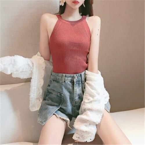 Knitted Vests Summer Knit Woman Shirt Women Sexy Casual Halter Off-shoulder Top Sleeveless Vest Tank Top Camisole Fashion Female