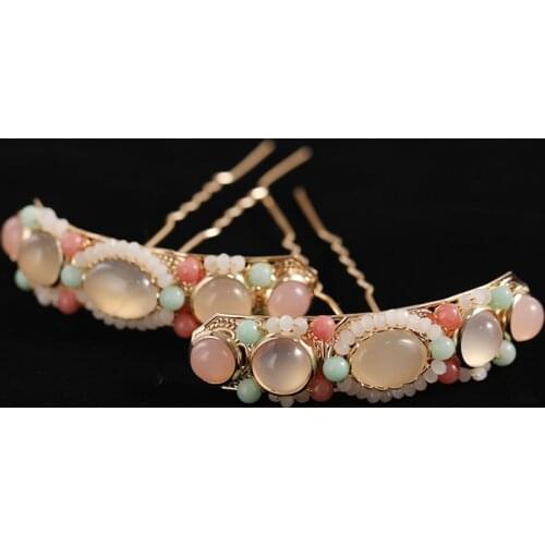 Handmade Vintage Simulated Stone Headpieces U Shaped Hairpins Clips Hair Fork Sticks Women Grils Hanfu Cheongsam Hair Jewelry