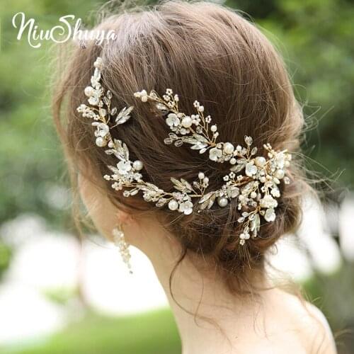 NiuShuya Gold Leaf Flower Hairpins Crystal Pearls Hair Jewelry Wedding Accessories Hair Vine Handmade Headband Hair Jewelry
