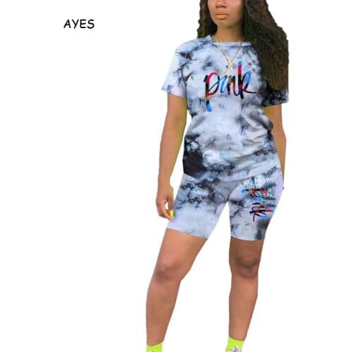 2020 New Summer Women Two Piece Set Casual Pink Letter Print 2pcs Outfits Suits Rompers Slim Tie Dye Short Tracksuits Short Sets