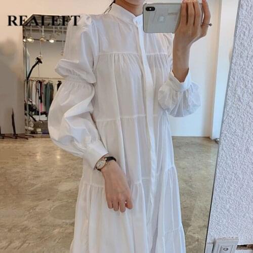 REALEFT Summer 2021 New Elegant White Womens Long Shirts Dresses Single Breasted Puff Sleeve Loose Female Korean OL Dresses