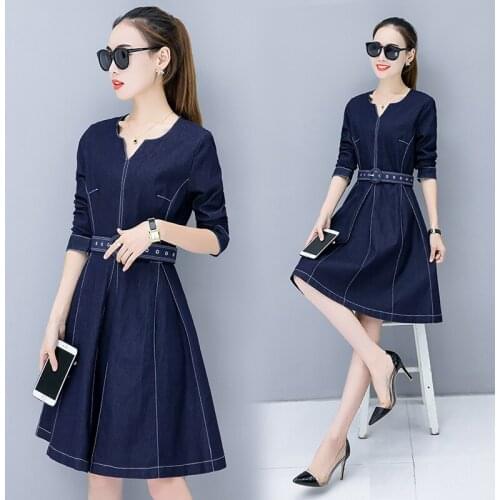 Women Denim Dresses 2019 Spring Autumn Fashion High Waist With Belt Vintage Jeans Dress Slim Female Denim Dresses Vestidos M168