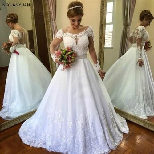 Vintage Long Sleeves Wedding Dresses 2021 Vestidos De Novia Sheer Back Lace Tulle Bridal Gowns Handmade Trouwjurk