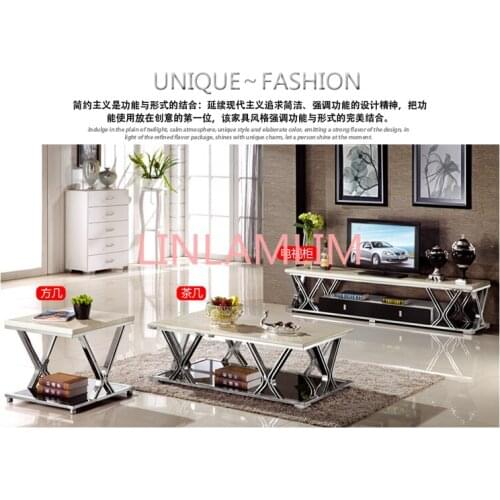 Gold Stainless steel TV Stand modern Living Room marble coffee table + tv led monitor stand +corner table mueble tv cabinet mesa