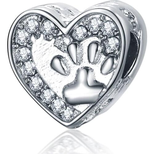 1Pcs New Cute Rhinestone Heart-Shaped Footprints Bead Pendant Fit Original Pandora Charm Bracelet Women Jewelry Making Gifts