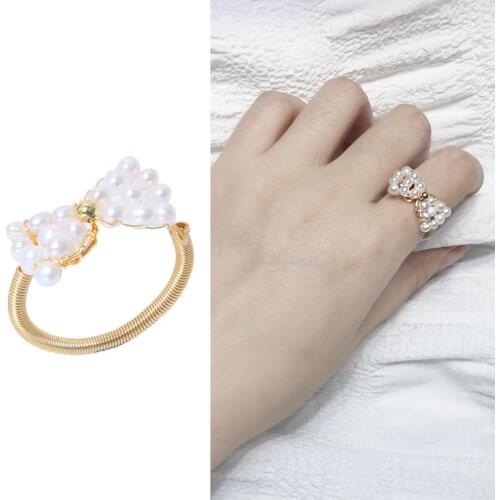 Bow Knot Shape Real Freshwater Pearl Ring Adjustable Finger Ring Free Size Ring Jewelry Nice Party Gift 10pcs/lot