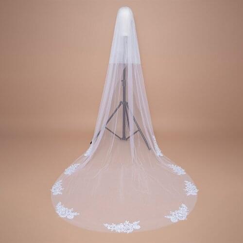 Two Layers Soft Tulle 3 Meters Lace Edge Cathedral Long Wedding Veil With Comb Face Cover White Ivory Bridal Veils Veu De Noiva