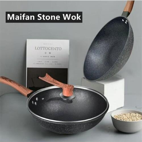 Manfan Stone Pot Wok Uncoated 32CM Fit Induction Cooker Gas Cooker Non-stick Fry Pan Strong handle Cover Healthy Cooking