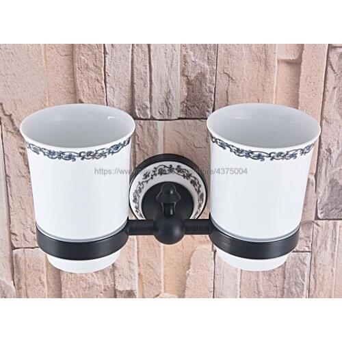 Ceramic Tooth Mug Tooth Gargle Cup with Oil Rubbed Bronze Holder Wall Mounted, with Two Ceramic Cups Nba766