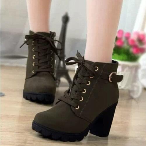 Fashion Lacing Ankle Boots Winter Ankle Boots Pu Leather Women Boots Thick Heel Work Shoes Round Toe Lace-Up Women Shoes Female