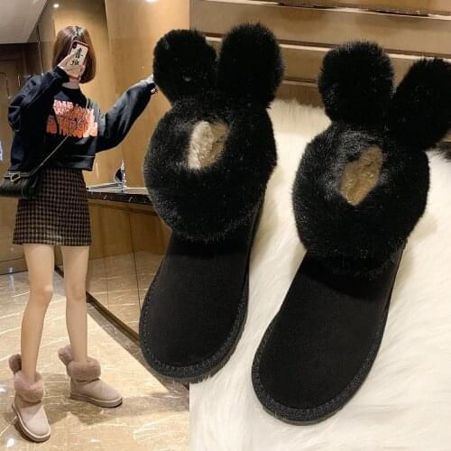 Fashion The New Snow Boots Women Winter Flock Ankle Rabbit ears Slip-On Round Toe Low (1cm-3cm) Flat With Plush Solid Keep Warm