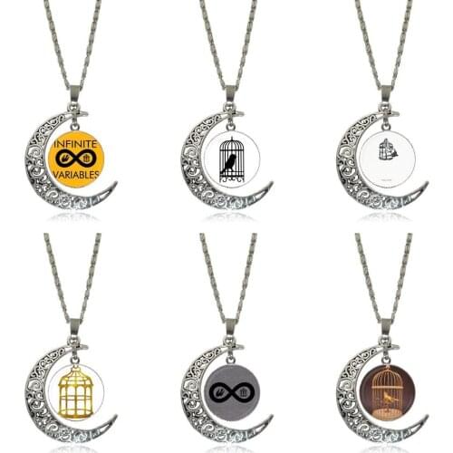 EJ Glaze Fashion Jewelry Vintage Glass Necklace With Crescent Moon For Unisex Black Bioshock Infinite Bird Cage