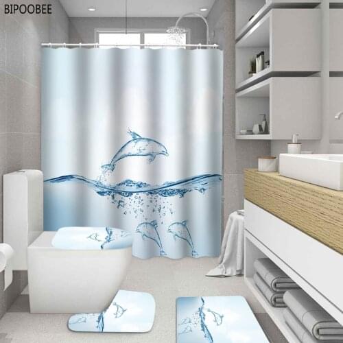 Ocean Dolphin 3D Shower Curtain Water Styling Funny Bathroom Curtain Bath Mat Set Non-Slip Pedestal Rug Toilet Lid Cover Mats