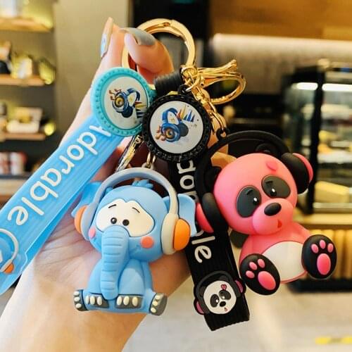 Cartoon Cute Music Headphone Panda Keychain Epoxy Trend Elephant Pendant Doll Keyring Car Bag Key Chains for Women Couple