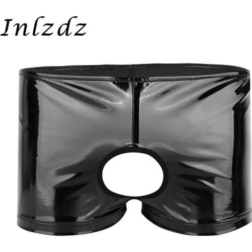 Mens Erotic Lingerie Sex Underwear Shiny Patent Leather Open Butt Low-rise Shorts Sexy Gay Underwear Underpants with Front Hole