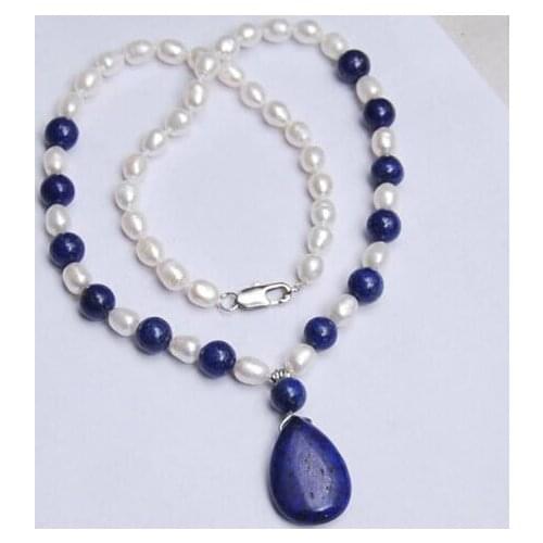 Natural 7-8MM White Akoya Pearl / Lapis Lazuli Pendant Necklace 18"