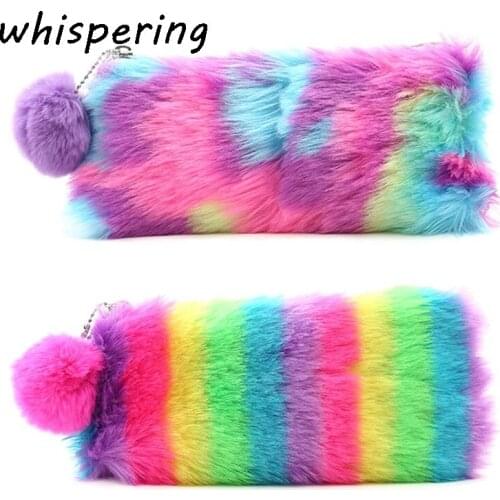 Novelty Cute Plush School Pencil Case Rainbow Pencilcase For Girls Large Big Pen Bag Stationery Pouch Box Gift School Supplies