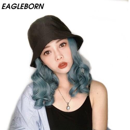 New Bucket Hats Wig Siamese Woman Fashion Long Curly Hair Body Wave Bucket Hat Clip In Wig Gray Green Blue Hair Wig 14 16 18 Cap
