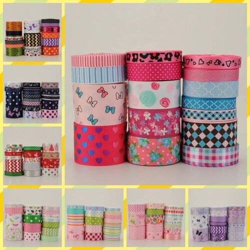 New fixed set 16 yards beautiful pattern printed grosgrain mixed satin ribbon tape,1y/style