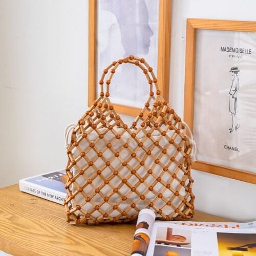 Bamboo Beach Bag Women 2021 Summer Hand Woven Hollow Out Round Big Wooden Beads Basket Straw Shoulder Bags Retro Holiday