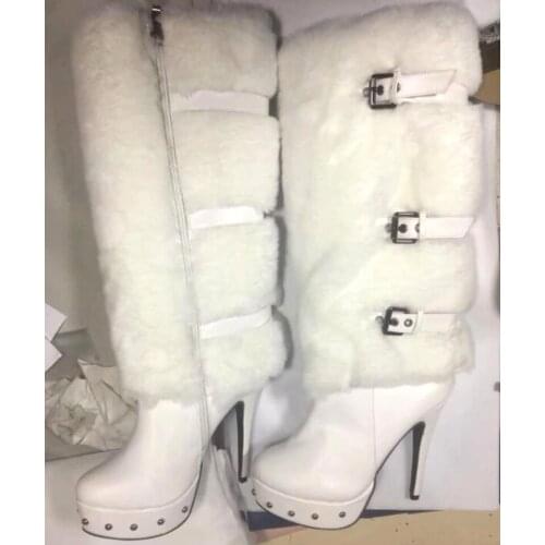 Real Picture Rivets Studs Platform White Fur Knee High Boots Stiletto High Heel Knee Boots Fur Warm Snow Boots With Belt Buckle