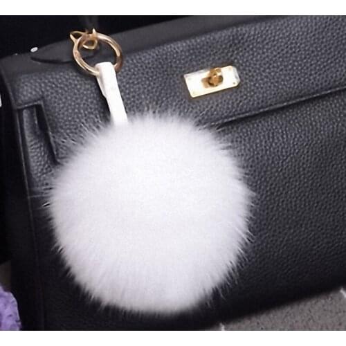 13-15cm Luxury Fluffy Real Fox Fur Ball Pom Pom Plush Size Genuine Fur Key Chain Metal Ring Pendant Bag Charm TKK010-white