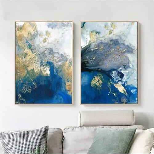 Modern Abstract Wall Poster Ocean Nordic Canvas Prints Blue Gold Contemporary Art Decoration Picture Living Room Decoration
